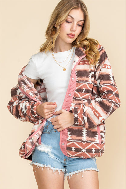 Pink Geometric Colorblock Snap Button Sherpa Jacket