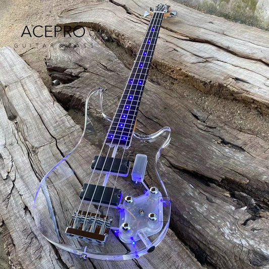 Clear Acrylic Crystal Body 4 String LED Electric Bass Guitar