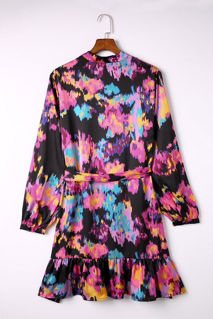 Abstract Print Waist Belted Flounce Hem Split V Neck Long Sleeve Dress