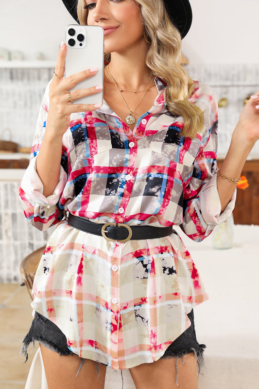 Red Gradient Plaid Long Sleeve Button Down Shirt Dress