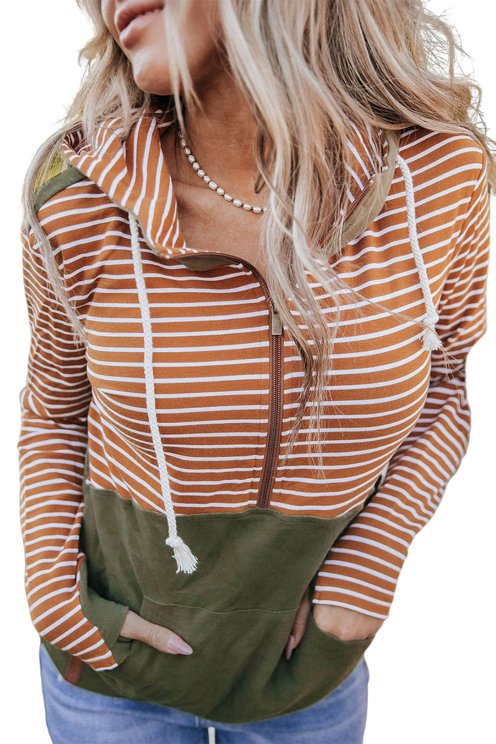 Orange Striped Patchwork Kangaroo Pocket Thumbhole Sleeve Hoodie
