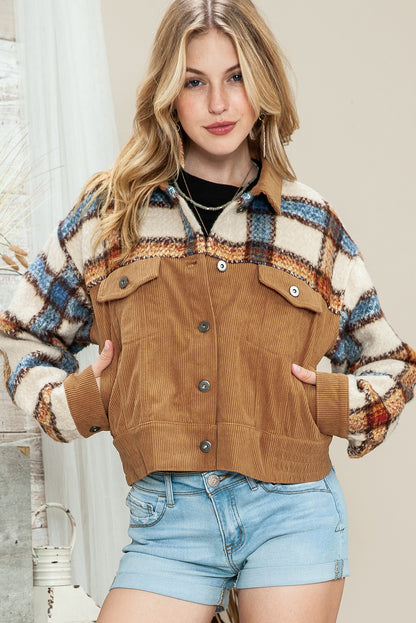 Khaki Plaid Corduroy Flap Pockets Boxy Chunky Jacket