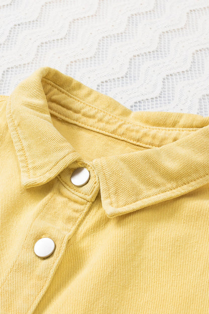 Yellow Distressed Raw Hem Denim Jacket with Chest Pockets