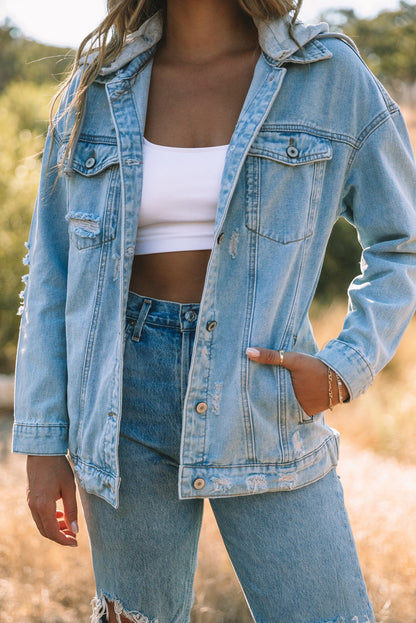 Light Blue Button Up Ripped Hooded Denim Jacket