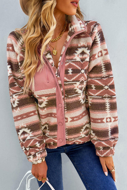 Pink Geometric Colorblock Snap Button Sherpa Jacket
