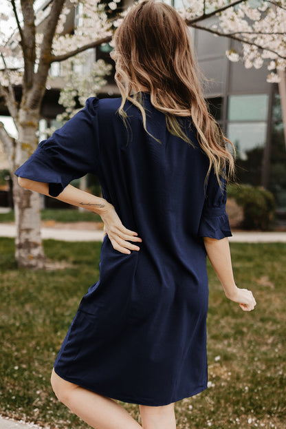 Navy Blue Split V Neck Short Sleeve Tunic Dress