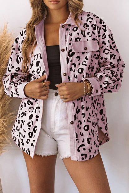 Apricot Leopard Collared Neckline Flap Pockets Corduroy Shacket