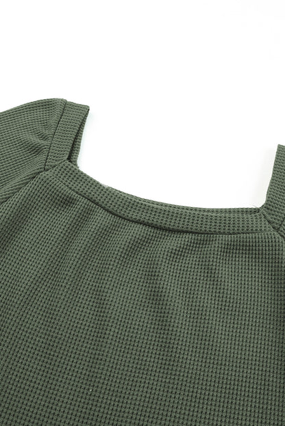 Pink Waffle Texture Casual Square Neck Pullover Top