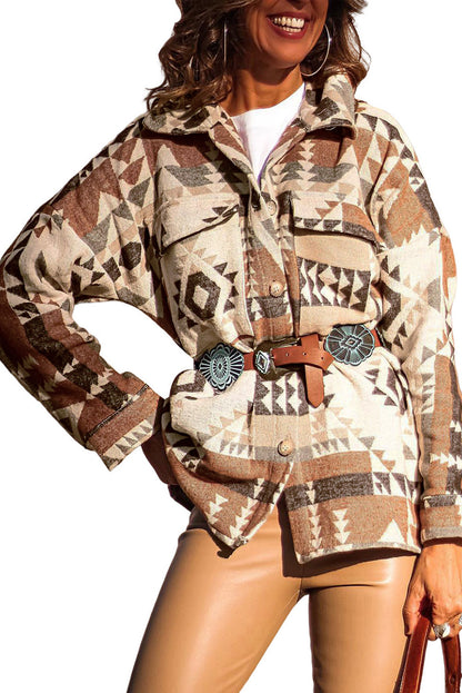 Brown Geometric Print Colorblock Flap Pocket Jacket