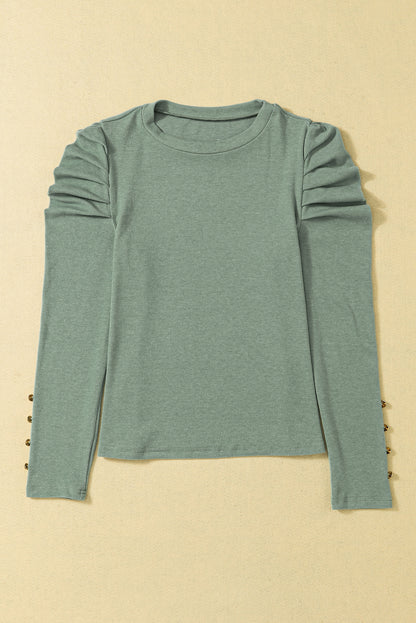 Green Basic Buttoned Puff Long Sleeve Sheath Top