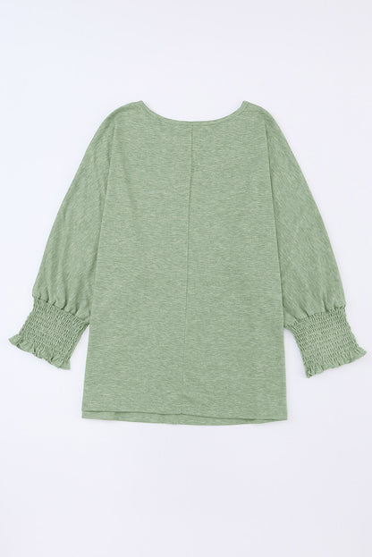 Black Plain Smocked 3/4 Sleeve Casual Loose T Shirt