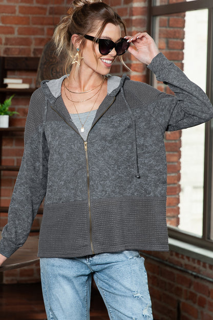 Khaki Dark Washed Patchwork Zip Up Hooded Jacket