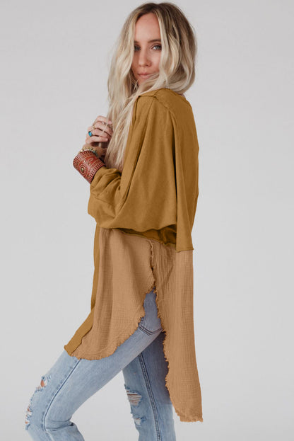 Khaki Crinkled Patchwork Raw Hem Oversized Blouse