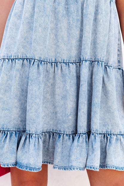 Light Blue Adjustable Straps Casual Tiered Ruffle Denim Dress