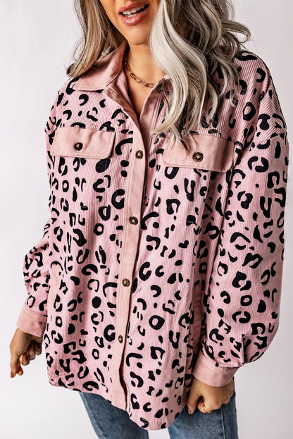Apricot Leopard Collared Neckline Flap Pockets Corduroy Shacket