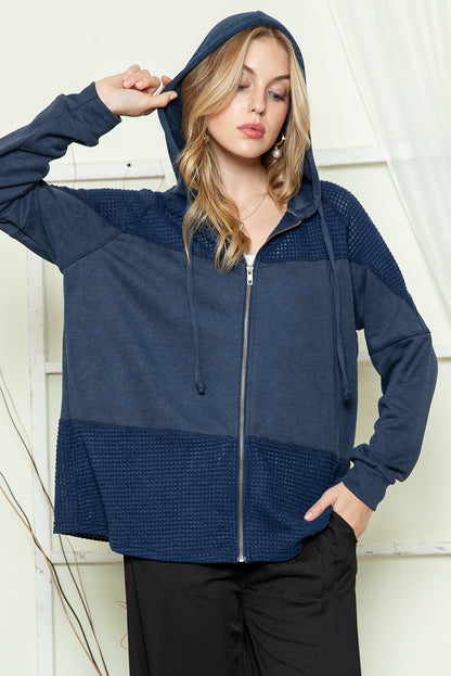 Khaki Dark Washed Patchwork Zip Up Hooded Jacket