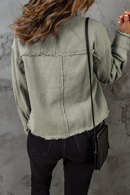 Green Distressed Flap Pockets Frayed Hem Denim Jacket