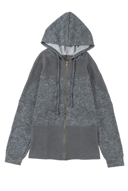 Khaki Dark Washed Patchwork Zip Up Hooded Jacket