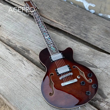 Grote Brown Burst 12 String Electric Guitar, F holes Semi Hollow Body, Abalone Flower Inlays