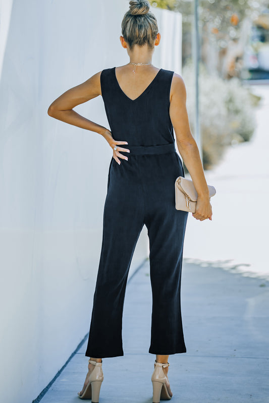 Blue V Neck Button Belted Jumpsuit With Pockets