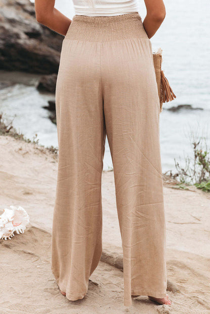 Brown Smocked Wide Waistband High Waist Wide Leg Pants