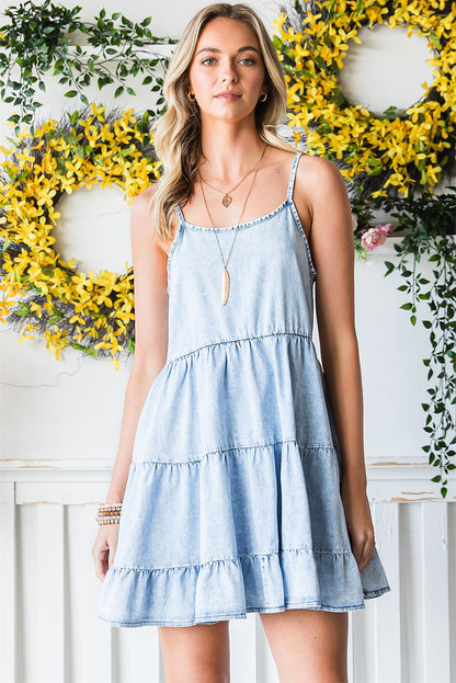 Light Blue Adjustable Straps Casual Tiered Ruffle Denim Dress