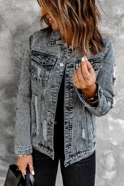 Grey Distressed Buttons Washed Denim Jacket