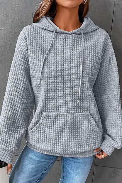 Khaki Lattice Textured Kangaroo Pocket Drawstring Hoodie