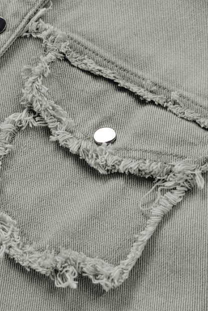 Green Distressed Flap Pockets Frayed Hem Denim Jacket