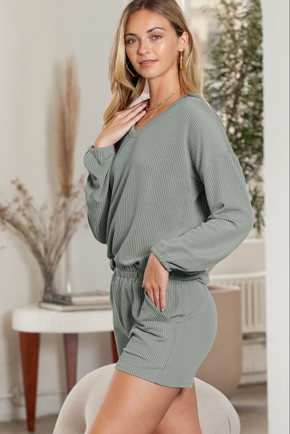 Beige Corded V Neck Slouchy Top & Pocketed Shorts Set