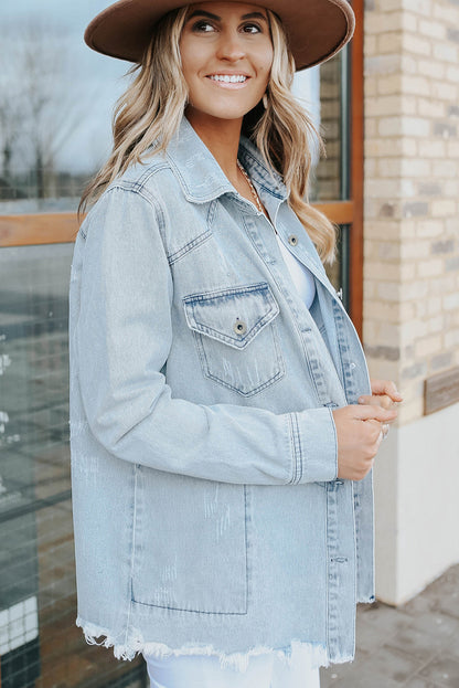 Light Blue Flap Pocket Buttoned Raw Hem Denim Shacket