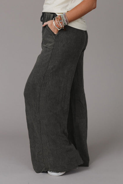 Apricot Mineral Washed Drawstring High Waisted Wide Leg Pants
