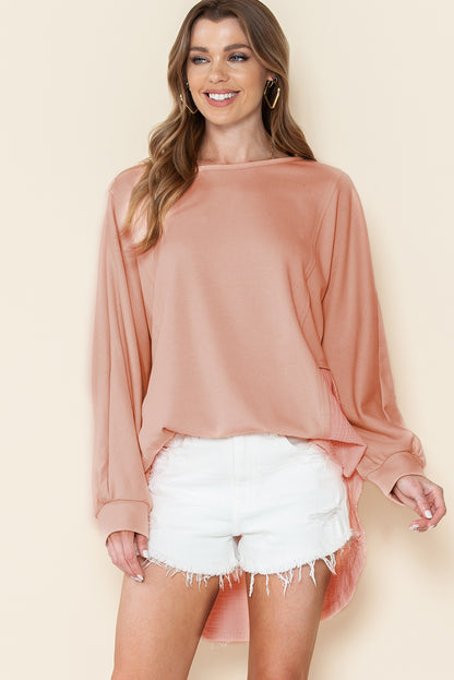 Khaki Crinkled Patchwork Raw Hem Oversized Blouse