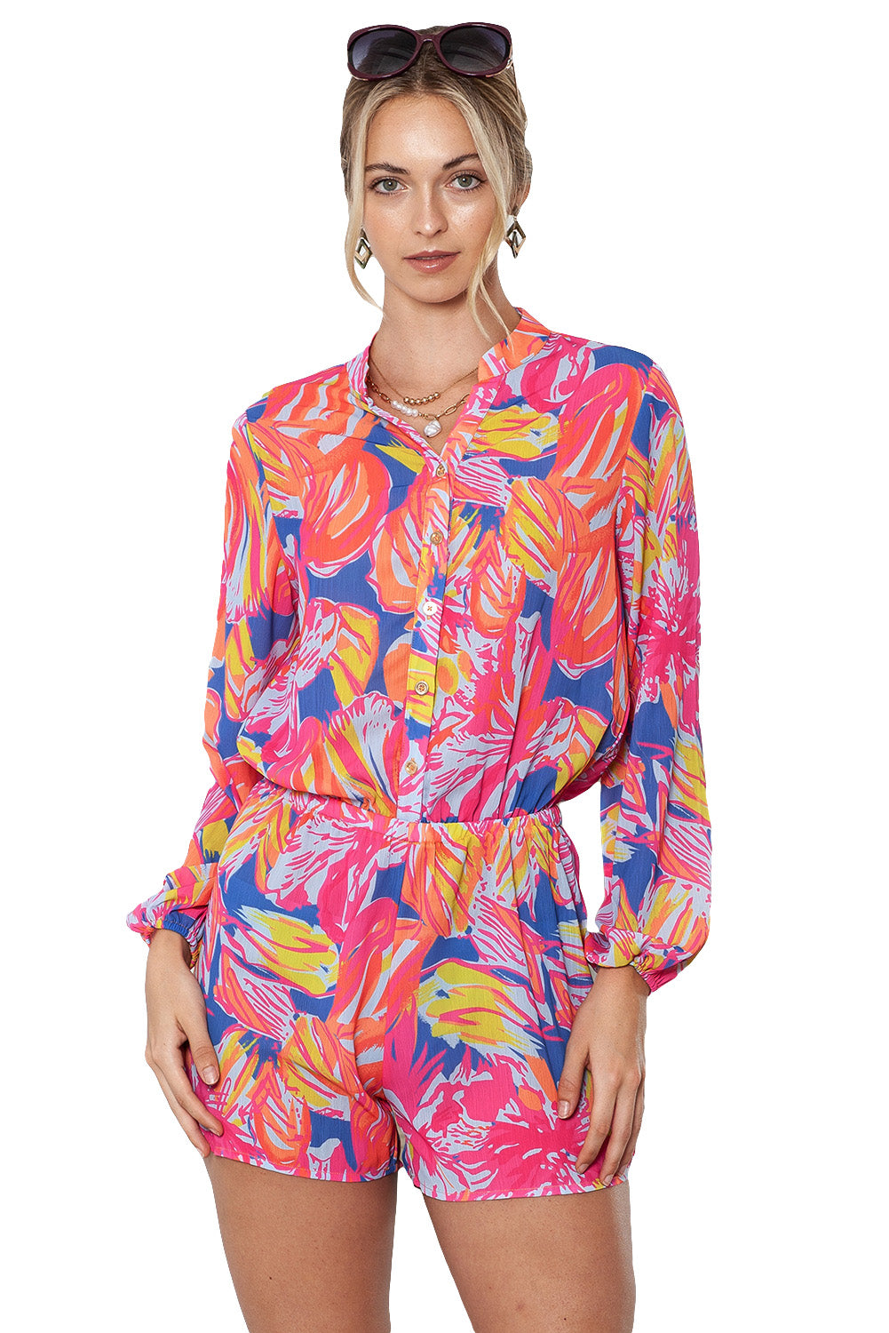 Multicolor Abstract Print Notch Neck Short Romper for Women