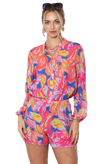 Multicolor Abstract Print Notch Neck Short Romper for Women