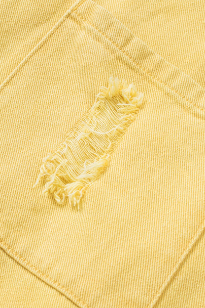 Yellow Distressed Raw Hem Denim Jacket with Chest Pockets