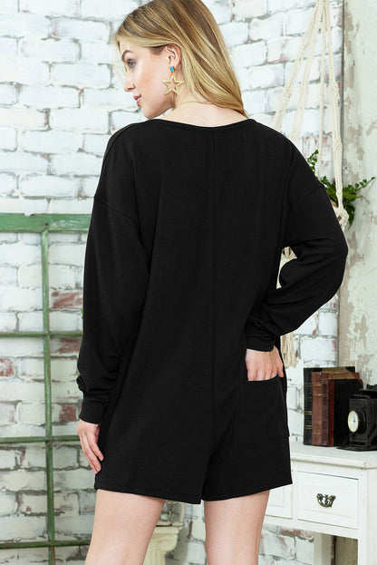Green Henley V Neck Pocketed Ribbed Romper