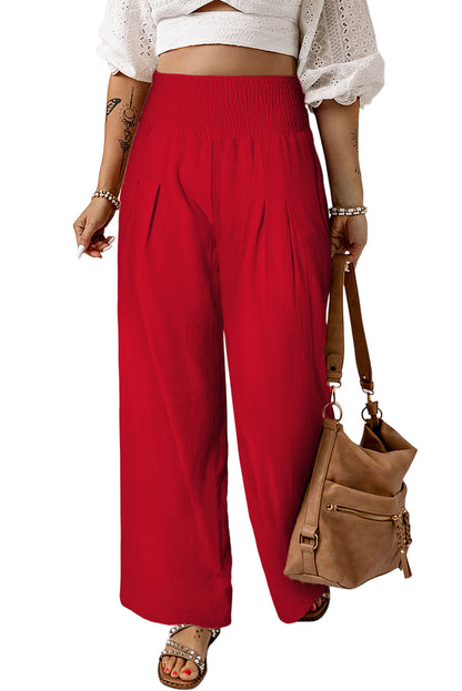 Brown Smocked Wide Waistband High Waist Wide Leg Pants