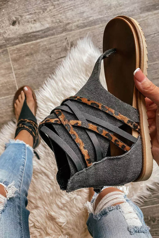 Black Leopard Strappy Canvas Sparta Sandals