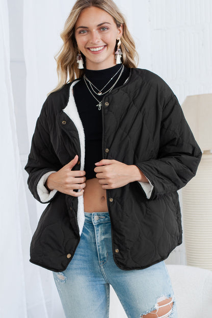 Black Snap Button Furry Reversible Quilted Coat