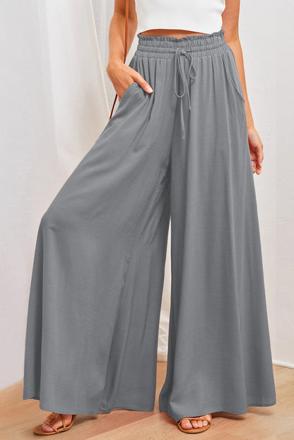 Beige Drawstring Smocked High Waist Wide Leg Pants