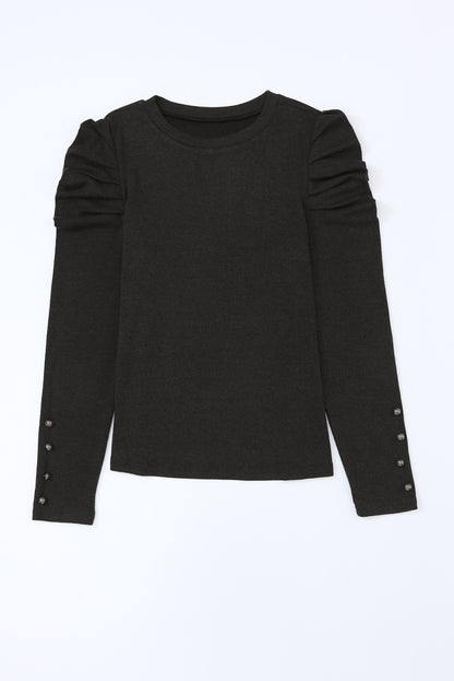 Green Basic Buttoned Puff Long Sleeve Sheath Top