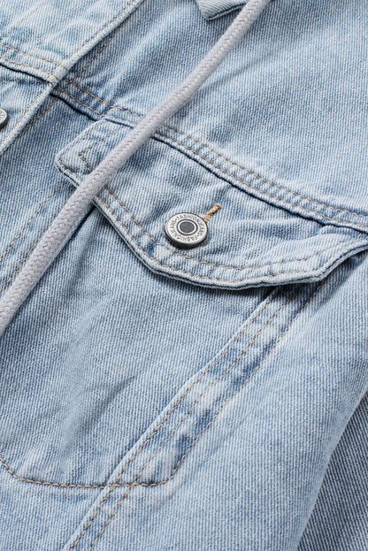 Light Blue Button Up Ripped Hooded Denim Jacket
