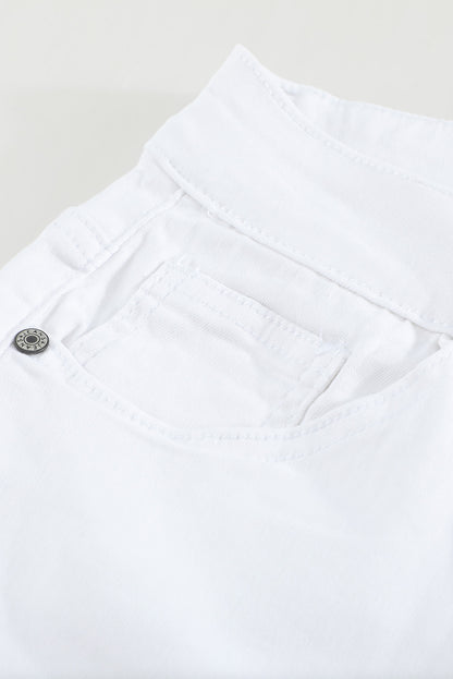 White Plain Buttons Frayed Raw Hem High Waist Denim Jeans