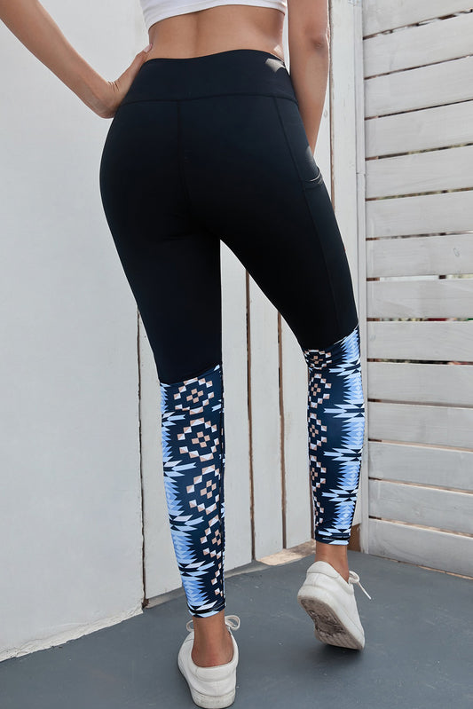 Black Yoga Crossover Geometric Print Patchwork High Waisted Leggings