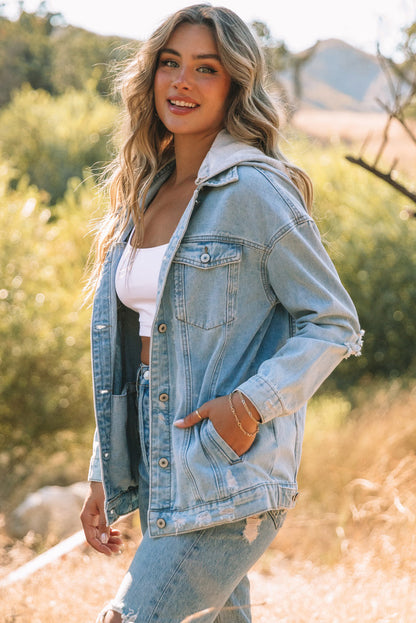Light Blue Button Up Ripped Hooded Denim Jacket