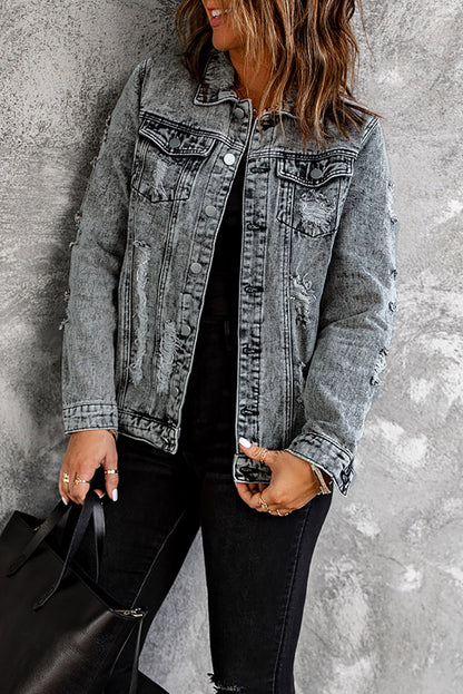 Grey Distressed Buttons Washed Denim Jacket