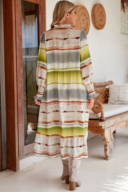 Multicolor Lace Up Tie-dye Print Long Shirt Dress