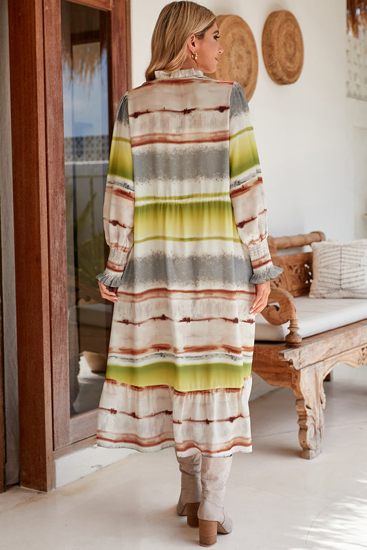 Multicolor Lace Up Tie-dye Print Long Shirt Dress