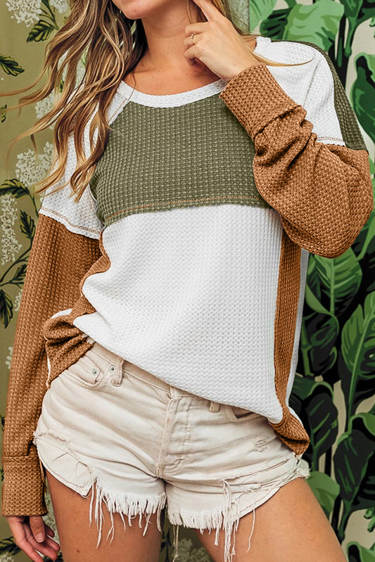 Green Waffle Knit Colorblock Patch Long Sleeve Top